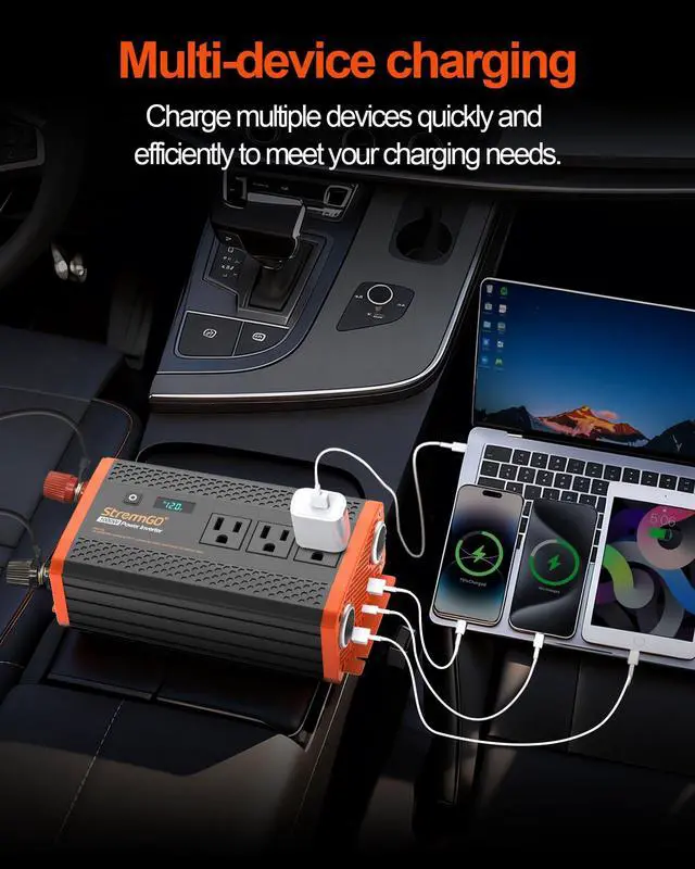 Alt view image 3 of 7 - 1000W Power Inverters for Vehicles,Car Inverter 12V to 110V/120V | 2 Cigarette lighter port,3 AC Output,2 USB port USB 24W,1 Type-C port PD 30W,Flameproof endosure,LED Display