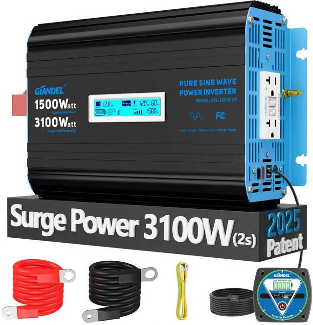 Main image of 1500 Watt Pure Sine Wave Power Inverter 12V DC to 120V AC,3100W Surge Peak Power,UL Listed GFCI Outlets,FCC Approved,USB-C36W,Remote with Battery Monitor for RVs,Campers,Off Grid Solar Setup