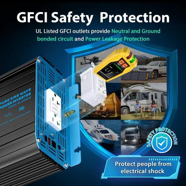 Alt view image 5 of 7 - 1500 Watt Pure Sine Wave Power Inverter 12V DC to 120V AC,3100W Surge Peak Power,UL Listed GFCI Outlets,FCC Approved,USB-C36W,Remote with Battery Monitor for RVs,Campers,Off Grid Solar Setup