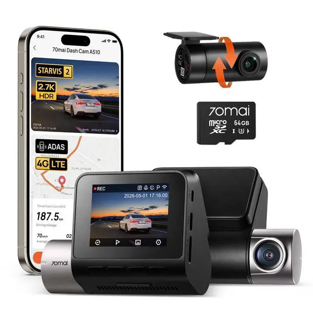 Main image of Dash Cam Front and Rear A510,1944P+1080P with STARVIS 2 IMX675 and 64GB Card, Dash Camera for Cars, 4G LTE Support, ADAS, Built-in GPS WiFi, APP Control, HDR, 24H Parking Mode, Loop Recording