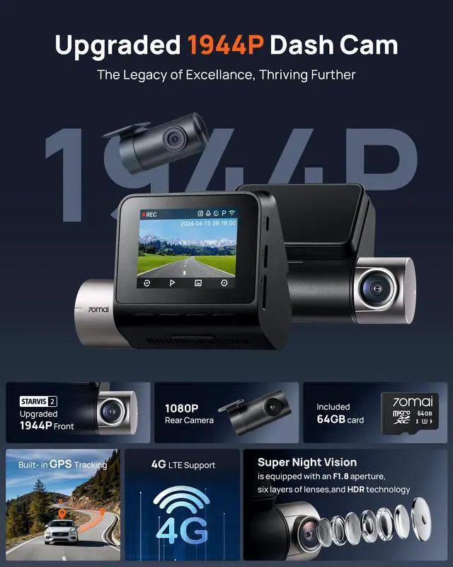 Alt view image 2 of 7 - Dash Cam Front and Rear A510,1944P+1080P with STARVIS 2 IMX675 and 64GB Card, Dash Camera for Cars, 4G LTE Support, ADAS, Built-in GPS WiFi, APP Control, HDR, 24H Parking Mode, Loop Recording