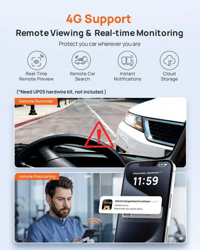 Alt view image 3 of 7 - Dash Cam Front and Rear A510,1944P+1080P with STARVIS 2 IMX675 and 64GB Card, Dash Camera for Cars, 4G LTE Support, ADAS, Built-in GPS WiFi, APP Control, HDR, 24H Parking Mode, Loop Recording
