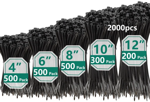 Main image of 2000 PCS Zip Ties Assorted Sizes 4+6+8+10+12 Inch Self-locking Nylon Cable ties Outdoor, UV Resistant Wire Straps for Home Office Garden Workshop Indoor Outdoor Fence(Black)