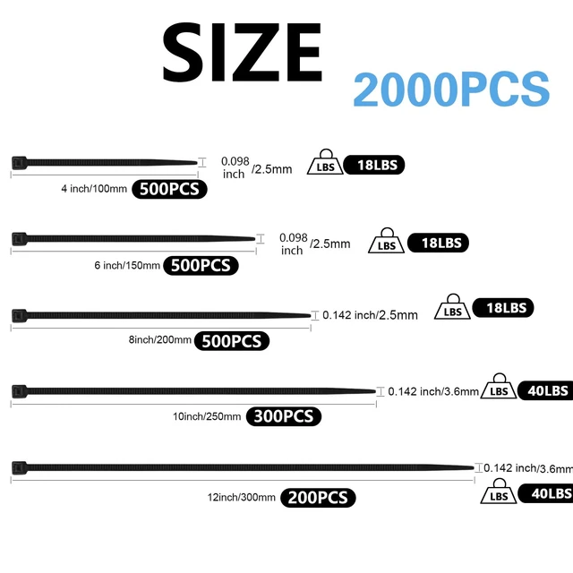 Alt view image 2 of 7 - 2000 PCS Zip Ties Assorted Sizes 4+6+8+10+12 Inch Self-locking Nylon Cable ties Outdoor, UV Resistant Wire Straps for Home Office Garden Workshop Indoor Outdoor Fence(Black)