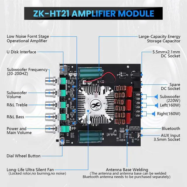 Alt view image 6 of 7 - Bluetooth Amplifier Board, ZK-HT21 2.1 Channel 160W x 2+220W Subwoofer Amp | Stereo Mini Audio Power Amplifier Module TDA7498E HiFi Chips,BT USB AUX Input DC 15-36V for DIY Home Speakers