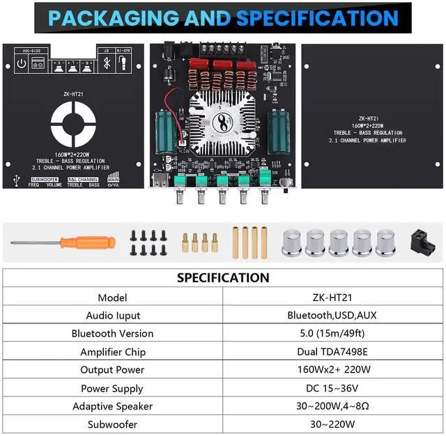 Alt view image 7 of 7 - Bluetooth Amplifier Board, ZK-HT21 2.1 Channel 160W x 2+220W Subwoofer Amp | Stereo Mini Audio Power Amplifier Module TDA7498E HiFi Chips,BT USB AUX Input DC 15-36V for DIY Home Speakers