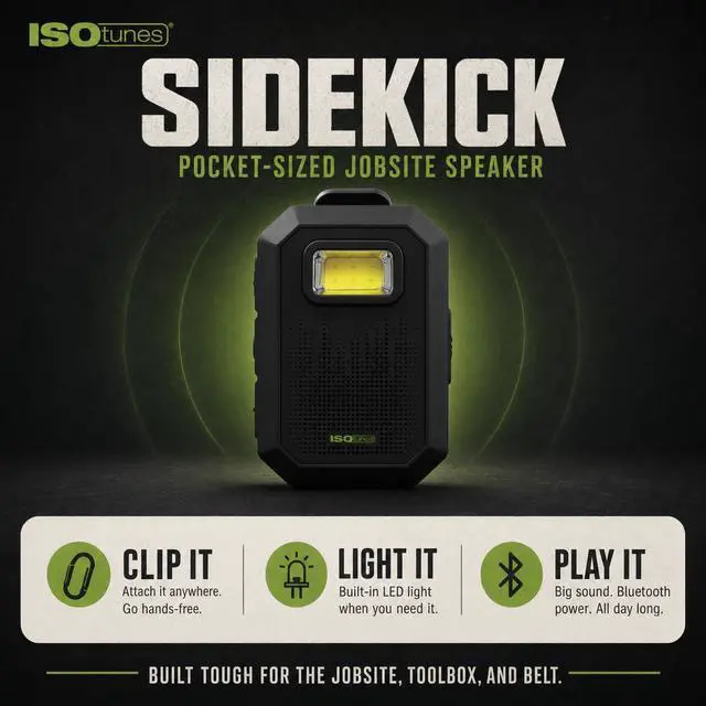 Alt view image 2 of 7 - Sidekick Wearable Bluetooth Speaker, Clip On Bluetooth Speaker | 20-hour battery, Bluetooth 5.4 with mic, magnetic clip, LED light, USB-C charging, IP67, MIL-STD-810H drop tested