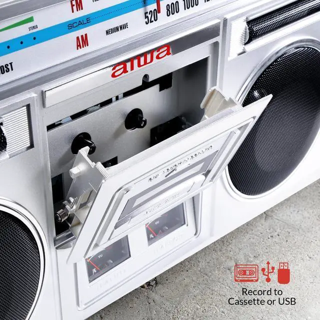 Alt view image 2 of 7 - Portable Retro Boombox BackTrack Jr, Vintage Bluetooth Speaker with Cassette Player, Bluetooth, FM/AM Radio, USB & AUX for Home, Outdoor, and Travel Listening (Silver)