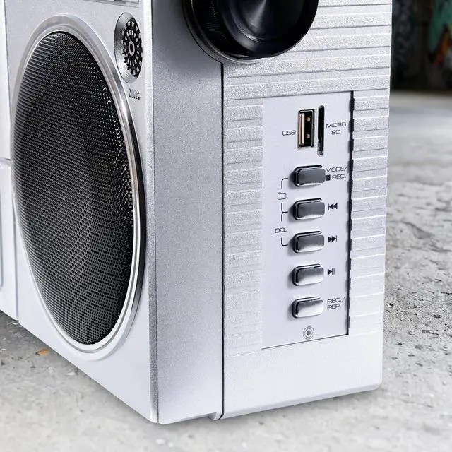 Alt view image 4 of 7 - Portable Retro Boombox BackTrack Jr, Vintage Bluetooth Speaker with Cassette Player, Bluetooth, FM/AM Radio, USB & AUX for Home, Outdoor, and Travel Listening (Silver)