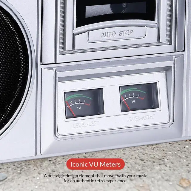 Alt view image 6 of 7 - Portable Retro Boombox BackTrack Jr, Vintage Bluetooth Speaker with Cassette Player, Bluetooth, FM/AM Radio, USB & AUX for Home, Outdoor, and Travel Listening (Silver)