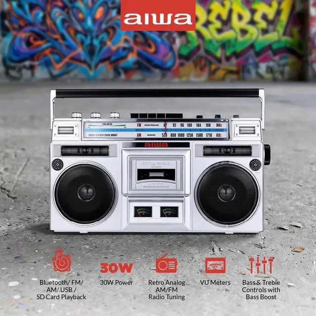 Alt view image 5 of 7 - Portable Retro Boombox BackTrack Jr, Vintage Bluetooth Speaker with Cassette Player, Bluetooth, FM/AM Radio, USB & AUX for Home, Outdoor, and Travel Listening (Silver)