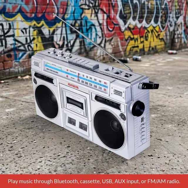 Alt view image 7 of 7 - Portable Retro Boombox BackTrack Jr, Vintage Bluetooth Speaker with Cassette Player, Bluetooth, FM/AM Radio, USB & AUX for Home, Outdoor, and Travel Listening (Silver)