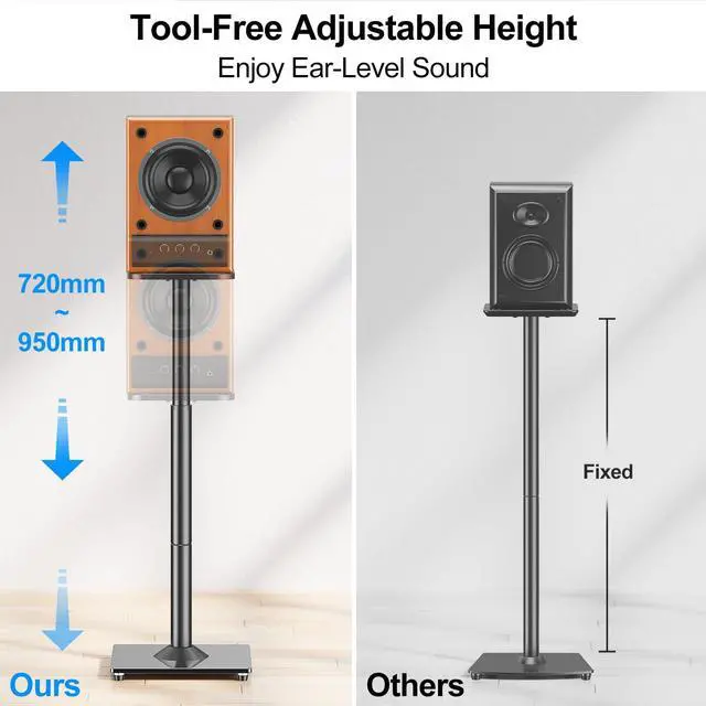 Alt view image 3 of 7 - Universal Speaker Stands Pair, 28.3" to 37.4" Height Adjustable Floor Speaker Stands, Holds Bookshelf & Large Satellite Studio Speakers, Cable Concealing, 22LBS Capacity, 9.8" Plate, Black