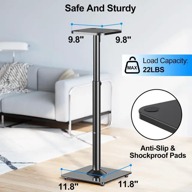 Alt view image 4 of 7 - Universal Speaker Stands Pair, 28.3" to 37.4" Height Adjustable Floor Speaker Stands, Holds Bookshelf & Large Satellite Studio Speakers, Cable Concealing, 22LBS Capacity, 9.8" Plate, Black