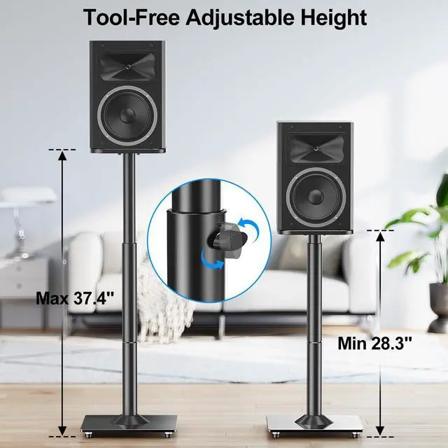 Alt view image 5 of 7 - Universal Speaker Stands Pair, 28.3" to 37.4" Height Adjustable Floor Speaker Stands, Holds Bookshelf & Large Satellite Studio Speakers, Cable Concealing, 22LBS Capacity, 9.8" Plate, Black