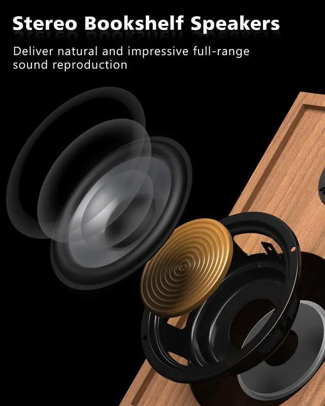 Alt view image 2 of 6 - Vinyl Record Player with 36 Watt Stereo Bookshelf Speakers | Bluetooth Turntable Hi-Fi System with Magnetic Cartridge, USB Recording and Auto Stop, Built-in Preamp, Belt Drive 2-Speed