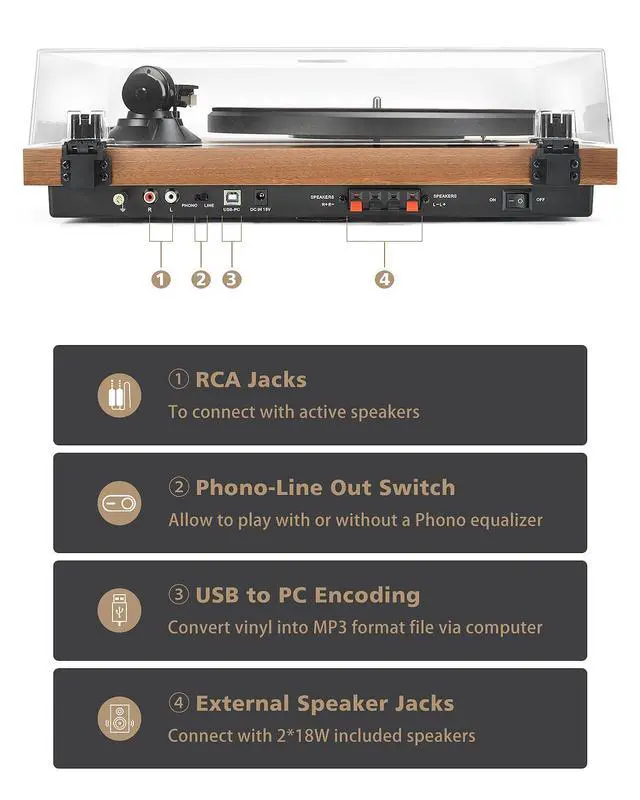 Alt view image 4 of 6 - Vinyl Record Player with 36 Watt Stereo Bookshelf Speakers | Bluetooth Turntable Hi-Fi System with Magnetic Cartridge, USB Recording and Auto Stop, Built-in Preamp, Belt Drive 2-Speed