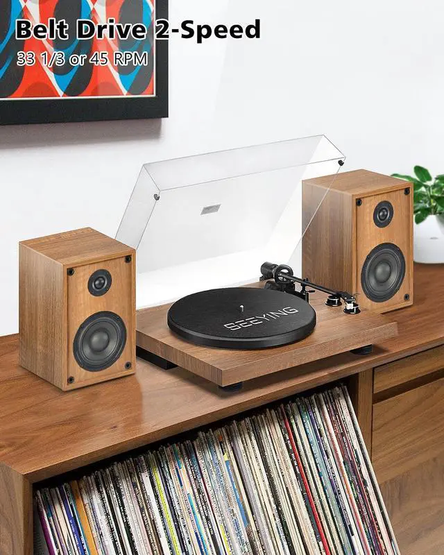 Alt view image 6 of 6 - Vinyl Record Player with 36 Watt Stereo Bookshelf Speakers | Bluetooth Turntable Hi-Fi System with Magnetic Cartridge, USB Recording and Auto Stop, Built-in Preamp, Belt Drive 2-Speed