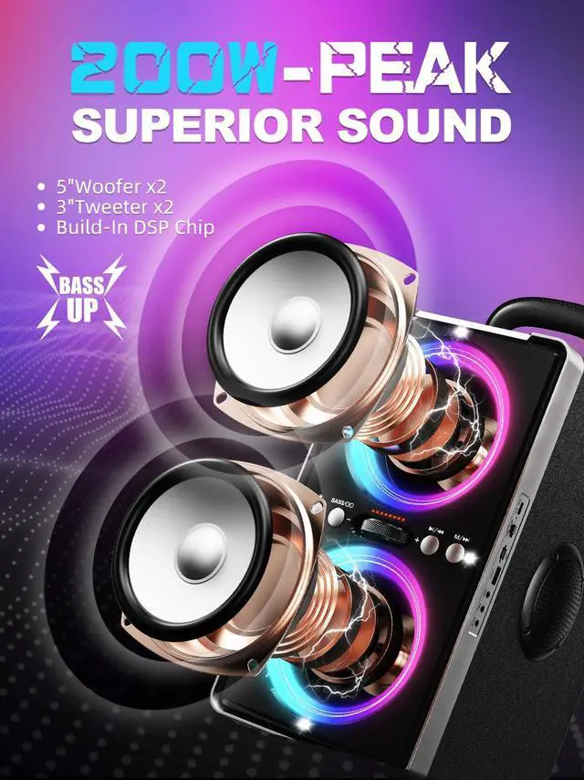 Alt view image 2 of 7 - Bluetooth Speaker, 200W Peak Loud Stereo with Big Bass, 20H Playtime, TWS, Fast Charging, Portable Handle, Wireless Large Boombox Bocina with LED Light for Party Outdoor Backyard Camping