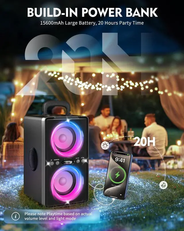 Alt view image 7 of 7 - Bluetooth Speaker, 200W Peak Loud Stereo with Big Bass, 20H Playtime, TWS, Fast Charging, Portable Handle, Wireless Large Boombox Bocina with LED Light for Party Outdoor Backyard Camping