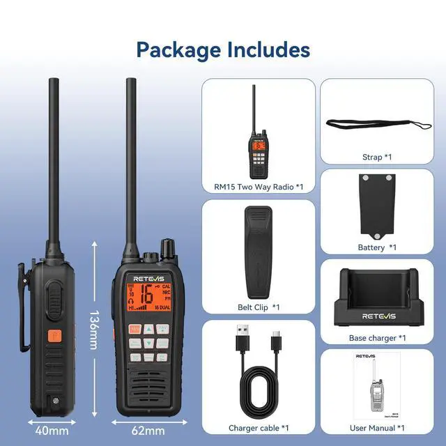 Alt view image 7 of 7 - RM15 6W Marine Radio VHF IP68 Floating, Type-C for Fishing (1 Pack) | 2000mAh Battery,Type-C on Radio & Charger, NOAA, Noise Reduction, Global Channels, Tri-Watch, Offshore Fishing, Travel Sport