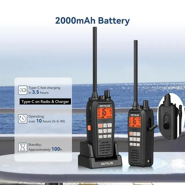 Alt view image 6 of 7 - RM15 6W Marine Radio VHF IP68 Floating, Type-C for Fishing (1 Pack) | 2000mAh Battery,Type-C on Radio & Charger, NOAA, Noise Reduction, Global Channels, Tri-Watch, Offshore Fishing, Travel Sport