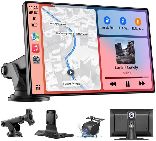 Main image of 9" Wireless Apple CarPlay & Android Auto Car Screen with 4K Dash Cam | Portable Touchscreen Display with 1080p Backup Camera, GPS Navigation, Mirror Link, Bluetooth 5.0, FM & Voice Control