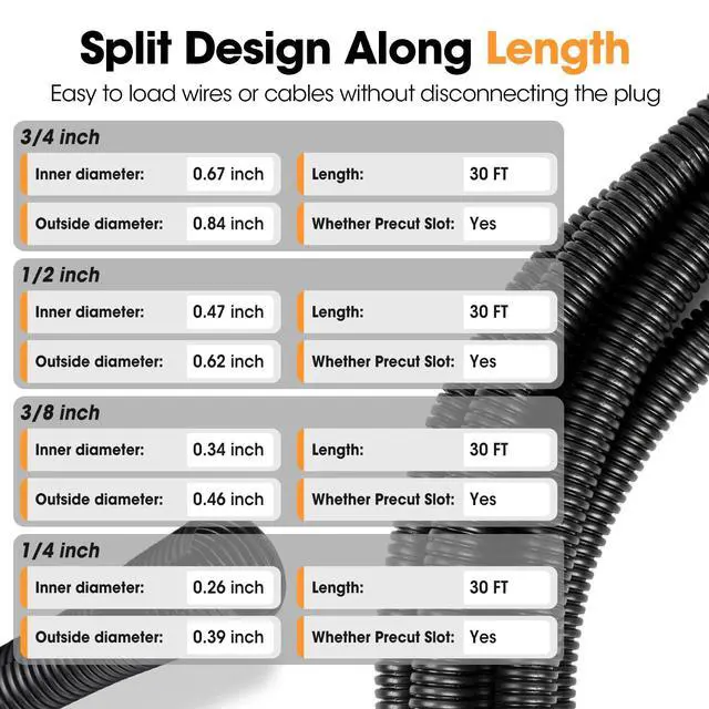 Alt view image 3 of 6 - Wire Loom 1/4", 3/8", 1/2", 3/4 Inch x 30 FT, Split Wire Loom Tubing Wire Conduit, Cable Sleeves Bulk Flexible Electrical Conduit Protective kit, Black