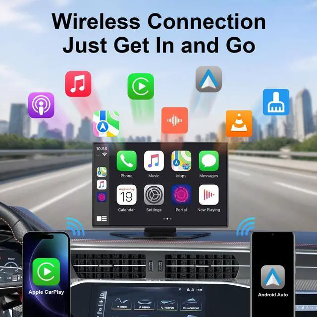 Alt view image 2 of 7 - 9" Wireless Apple CarPlay & Android Auto Car Screen with 4K Dash Cam | Portable Touchscreen Display with 1080p Backup Camera, GPS Navigation, Mirror Link, Bluetooth 5.0, FM & Voice Control