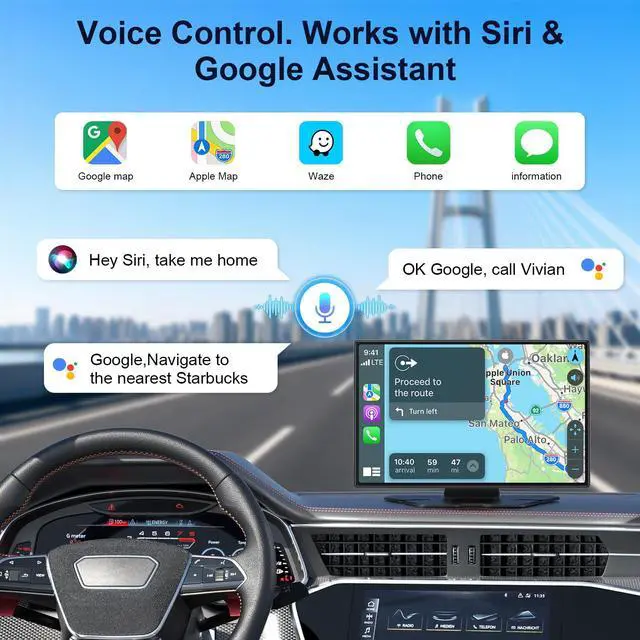 Alt view image 3 of 7 - 9" Wireless Apple CarPlay & Android Auto Car Screen with 4K Dash Cam | Portable Touchscreen Display with 1080p Backup Camera, GPS Navigation, Mirror Link, Bluetooth 5.0, FM & Voice Control