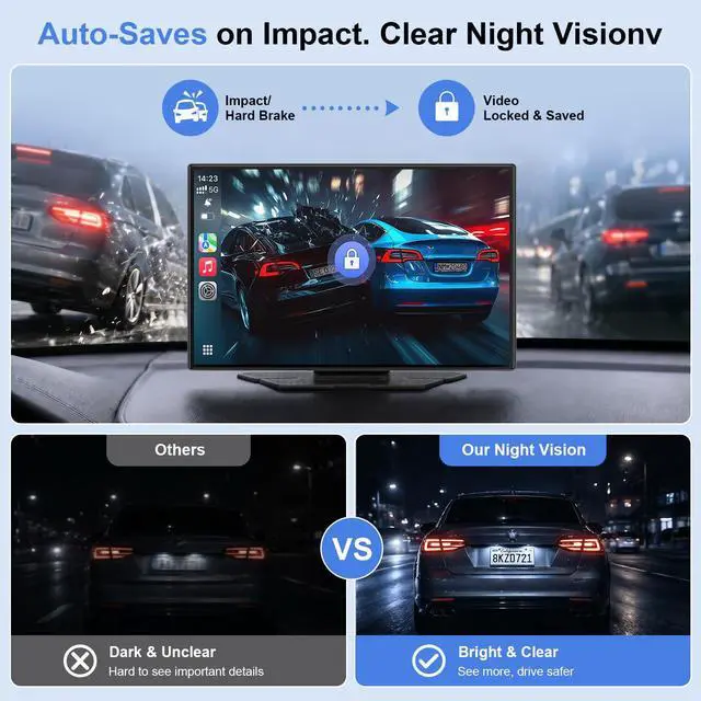 Alt view image 6 of 7 - 9" Wireless Apple CarPlay & Android Auto Car Screen with 4K Dash Cam | Portable Touchscreen Display with 1080p Backup Camera, GPS Navigation, Mirror Link, Bluetooth 5.0, FM & Voice Control