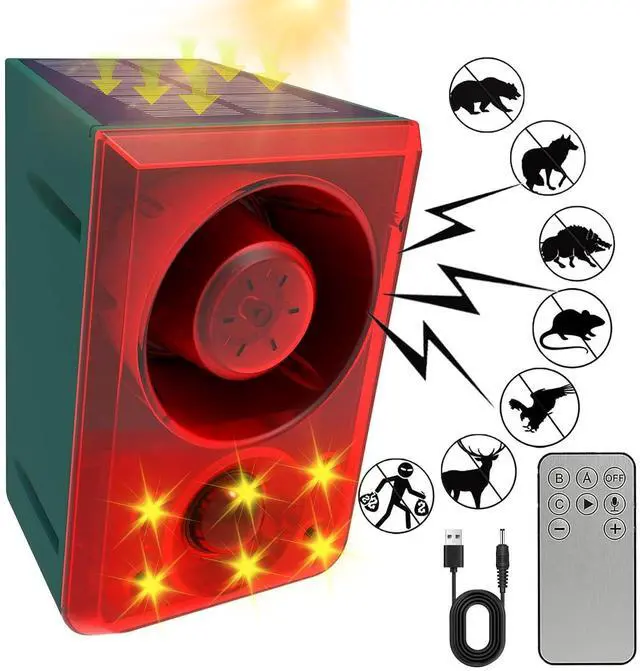 Main image of Solar Outdoor Motion Sensor Alarm Dog Barking Gunshot Sound 130dB | Support Recording and Adjustable Volume,Loud Noise Maker 3 Work Modes Strobe Light for Home, Villa, Farm, Barn (1pack)