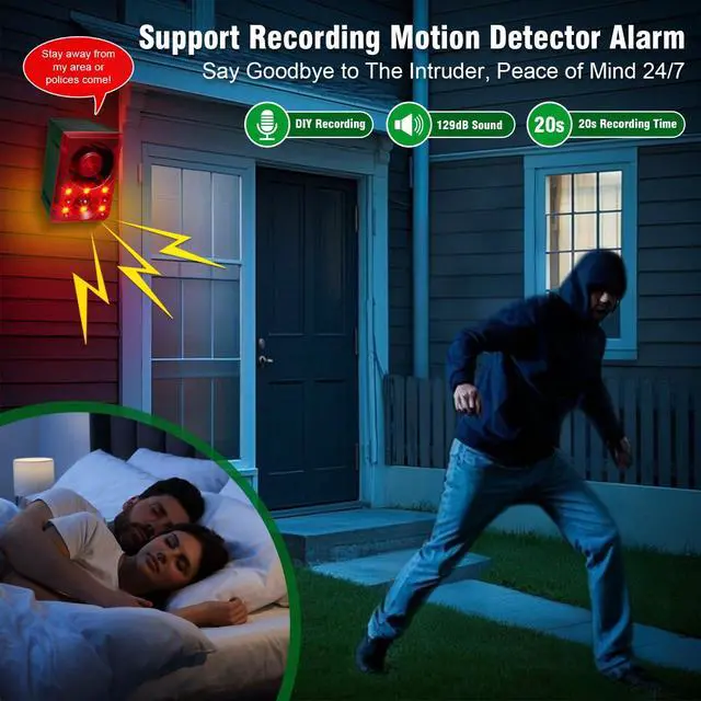Alt view image 2 of 7 - Solar Outdoor Motion Sensor Alarm Dog Barking Gunshot Sound 130dB | Support Recording and Adjustable Volume,Loud Noise Maker 3 Work Modes Strobe Light for Home, Villa, Farm, Barn (1pack)
