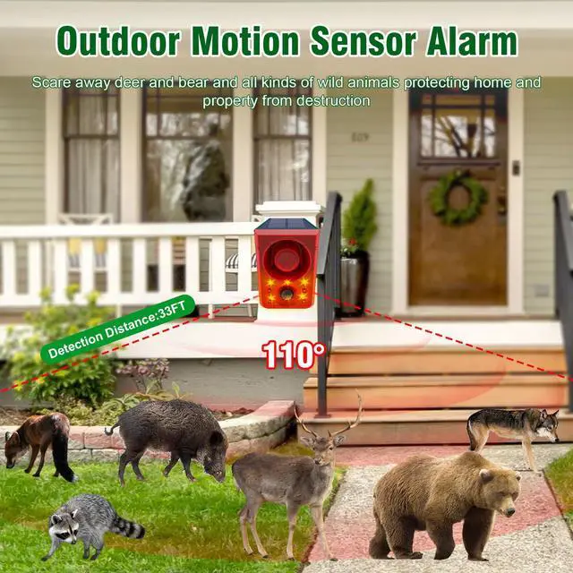 Alt view image 3 of 7 - Solar Outdoor Motion Sensor Alarm Dog Barking Gunshot Sound 130dB | Support Recording and Adjustable Volume,Loud Noise Maker 3 Work Modes Strobe Light for Home, Villa, Farm, Barn (1pack)