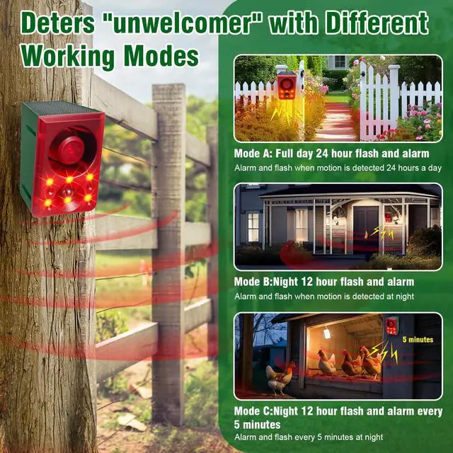 Alt view image 4 of 7 - Solar Outdoor Motion Sensor Alarm Dog Barking Gunshot Sound 130dB | Support Recording and Adjustable Volume,Loud Noise Maker 3 Work Modes Strobe Light for Home, Villa, Farm, Barn (1pack)