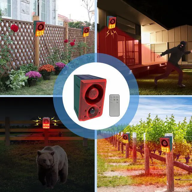 Alt view image 6 of 7 - Solar Outdoor Motion Sensor Alarm Dog Barking Gunshot Sound 130dB | Support Recording and Adjustable Volume,Loud Noise Maker 3 Work Modes Strobe Light for Home, Villa, Farm, Barn (1pack)