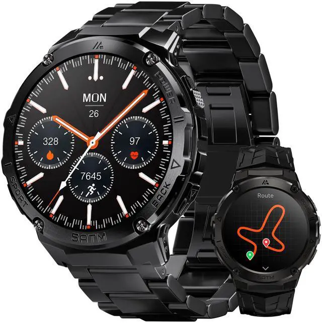 Main image of Smart Watch with GPS, Rugged Outdoor Fitness Watch, 5 ATM & IP69K | 1.43" AMOLED, 170+ Sports Modes, 15 Days Battery, Compatible with Android & iPhone (Includes Silicone & Steel Bands)