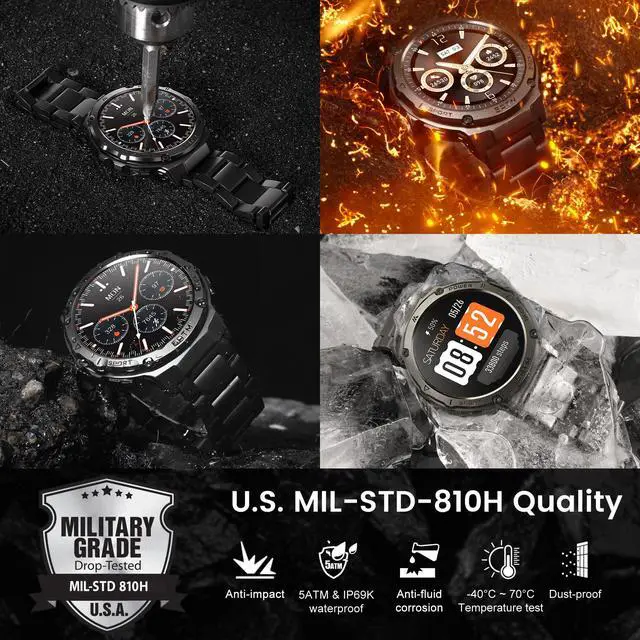 Alt view image 2 of 7 - Smart Watch with GPS, Rugged Outdoor Fitness Watch, 5 ATM & IP69K | 1.43" AMOLED, 170+ Sports Modes, 15 Days Battery, Compatible with Android & iPhone (Includes Silicone & Steel Bands)