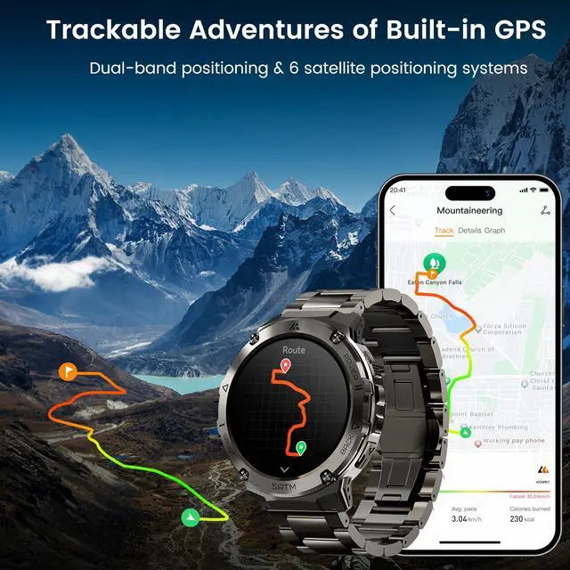 Alt view image 3 of 7 - Smart Watch with GPS, Rugged Outdoor Fitness Watch, 5 ATM & IP69K | 1.43" AMOLED, 170+ Sports Modes, 15 Days Battery, Compatible with Android & iPhone (Includes Silicone & Steel Bands)