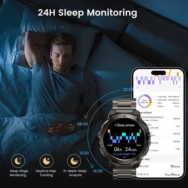 Alt view image 4 of 7 - Smart Watch with GPS, Rugged Outdoor Fitness Watch, 5 ATM & IP69K | 1.43" AMOLED, 170+ Sports Modes, 15 Days Battery, Compatible with Android & iPhone (Includes Silicone & Steel Bands)