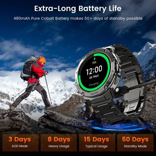 Alt view image 5 of 7 - Smart Watch with GPS, Rugged Outdoor Fitness Watch, 5 ATM & IP69K | 1.43" AMOLED, 170+ Sports Modes, 15 Days Battery, Compatible with Android & iPhone (Includes Silicone & Steel Bands)