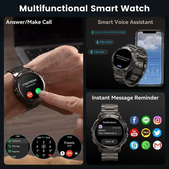 Alt view image 6 of 7 - Smart Watch with GPS, Rugged Outdoor Fitness Watch, 5 ATM & IP69K | 1.43" AMOLED, 170+ Sports Modes, 15 Days Battery, Compatible with Android & iPhone (Includes Silicone & Steel Bands)