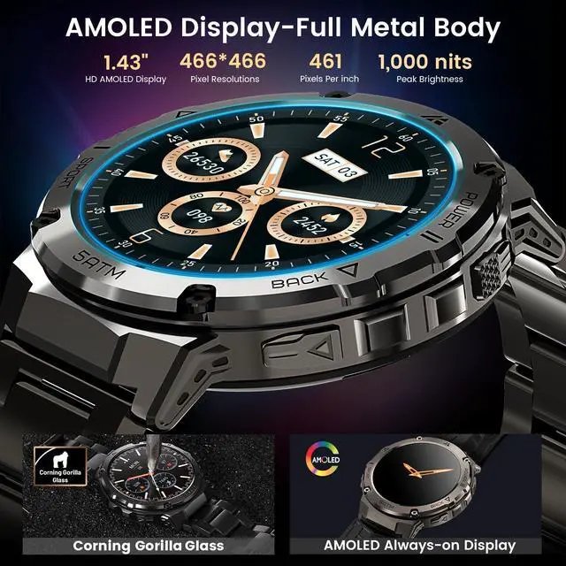 Alt view image 7 of 7 - Smart Watch with GPS, Rugged Outdoor Fitness Watch, 5 ATM & IP69K | 1.43" AMOLED, 170+ Sports Modes, 15 Days Battery, Compatible with Android & iPhone (Includes Silicone & Steel Bands)