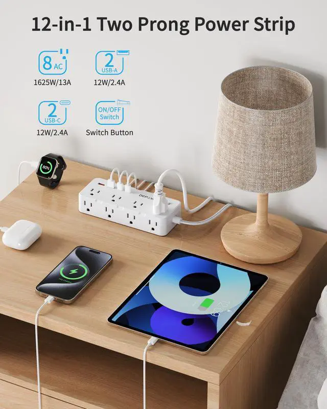 Alt view image 3 of 7 - 2 Prong Power Strip, 8 Outlets & 4 USB(2 USB-C), 5Ft Extension Cord | 2 to 3 Prong Outlet Adapter,1700J Two Prong Surge Protector, Wall Mountable, Ideal for Old House Non-Grounded Outlets, White
