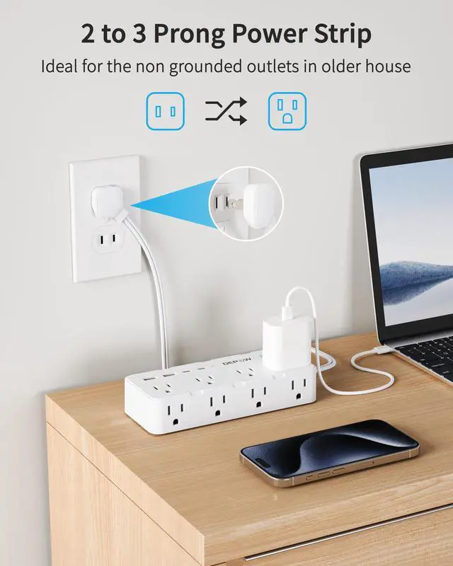 Alt view image 2 of 7 - 2 Prong Power Strip, 8 Outlets & 4 USB(2 USB-C), 5Ft Extension Cord | 2 to 3 Prong Outlet Adapter,1700J Two Prong Surge Protector, Wall Mountable, Ideal for Old House Non-Grounded Outlets, White