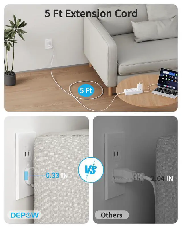 Alt view image 4 of 7 - 2 Prong Power Strip, 8 Outlets & 4 USB(2 USB-C), 5Ft Extension Cord | 2 to 3 Prong Outlet Adapter,1700J Two Prong Surge Protector, Wall Mountable, Ideal for Old House Non-Grounded Outlets, White