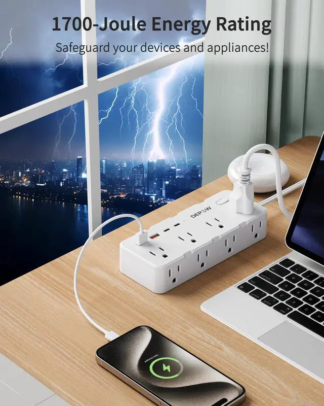 Alt view image 5 of 7 - 2 Prong Power Strip, 8 Outlets & 4 USB(2 USB-C), 5Ft Extension Cord | 2 to 3 Prong Outlet Adapter,1700J Two Prong Surge Protector, Wall Mountable, Ideal for Old House Non-Grounded Outlets, White