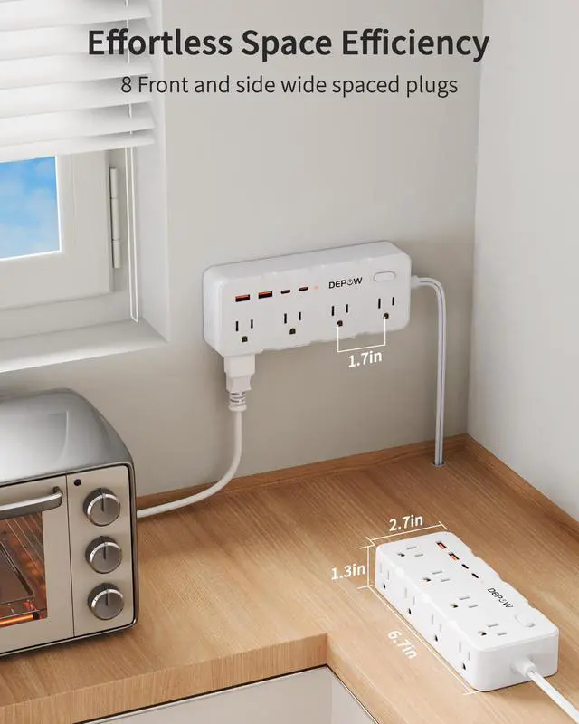 Alt view image 6 of 7 - 2 Prong Power Strip, 8 Outlets & 4 USB(2 USB-C), 5Ft Extension Cord | 2 to 3 Prong Outlet Adapter,1700J Two Prong Surge Protector, Wall Mountable, Ideal for Old House Non-Grounded Outlets, White