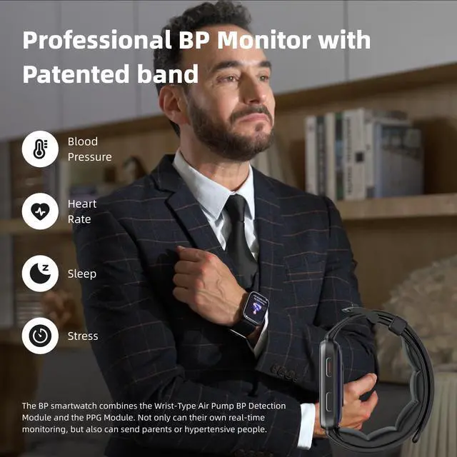 Alt view image 2 of 7 - Smart Watch, 1.95" Smart Watch Blood Pressure Monitor with Air Pump Cuff, Blood Pressure Watch with Sleep Heart Rate Monitor, Pedometer, Monitor Watch Supports Data Sharing, Reminder