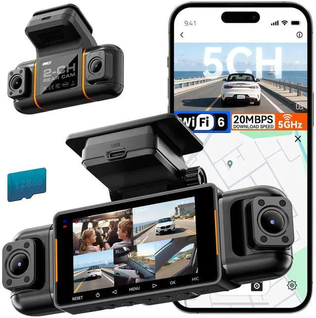Main image of N9 5 Channel Dash Cam 360° View, 5.8G WiFi-6 with App, Free 128GB Card, FHD Front & Rear Inside, Left, Right Dash Camera for Car, 12 IR Lights Night Vision, GPS, 24/7 Parking Mode, G-Sensor
